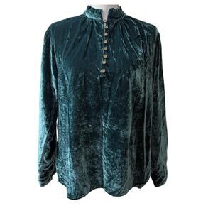 Anthropologie Jewel Tone Green Blue Velour Button Up Top Medium